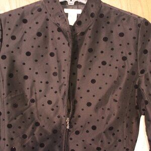 LAURA ASHLEY BLACK ON BLACK FLOCKED POLKA DOTS ZIP BLAZER JACKET